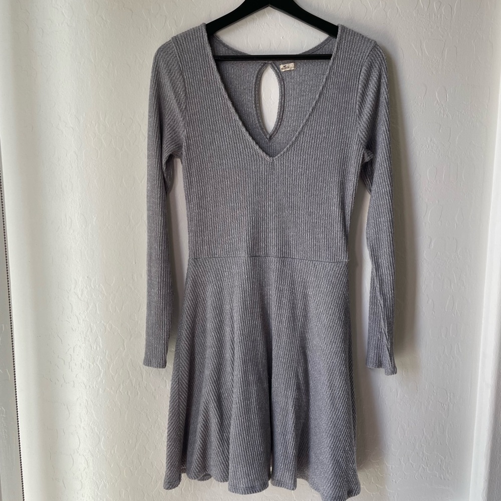 Hollister Gray Ribbed Knit Dress, Long Sleeve, Keyhole Back